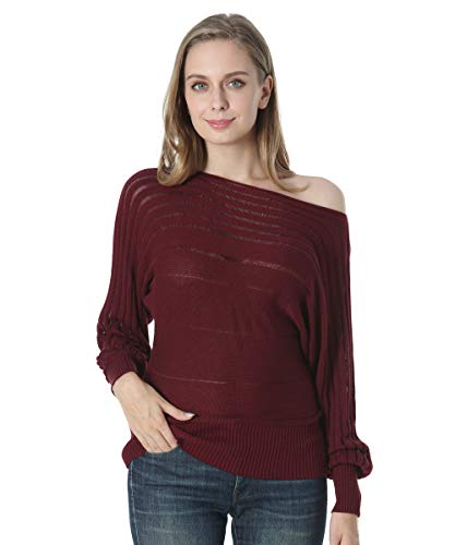 Dilgul Pullover Damen Oberteile Langarmshirt Strickpullover Sexy Off Shoulder Pullover Fledermausärmel Lose Schulterfrei Herbst Strick Oberteil Rotwein Large von Dilgul