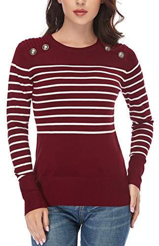 Dilgul Strickpullover Damen Pullover Gestreiftes Langarmshirt Pulli Tunika Sweatshirt mit Knöpfen Weinrot Medium von Dilgul