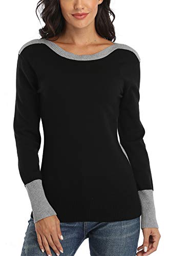 Dilgul Strickpullover Damen Pullover Gestreiftes Langarmshirt Pulli Tunika Sweatshirt mit Knöpfen Schwarz Large von Dilgul