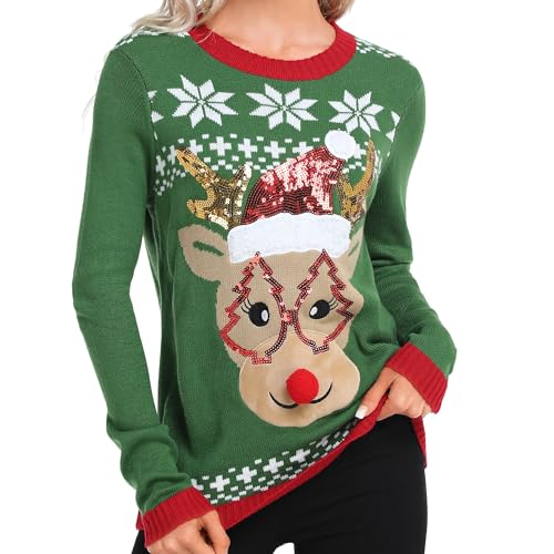 Dilgul Weihnachten Pullover Damen Winter Christmas Strickpullover Langarm Sweatshirt Elch Grün Large von Dilgul