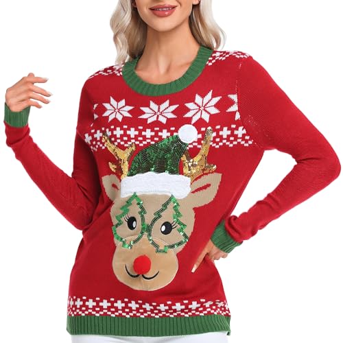 Dilgul Weihnachten Pullover Damen Winter Christmas Strickpullover Langarm Sweatshirt Xmas Elch Rot Small von Dilgul