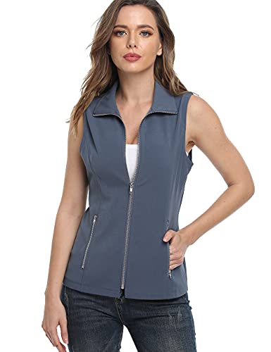 Dilgul Weste Damen Sommer Weste Jacke Stehkragen Leichte Reißverschluss Ärmellose Jacke mit Taschen Blau Large von Dilgul