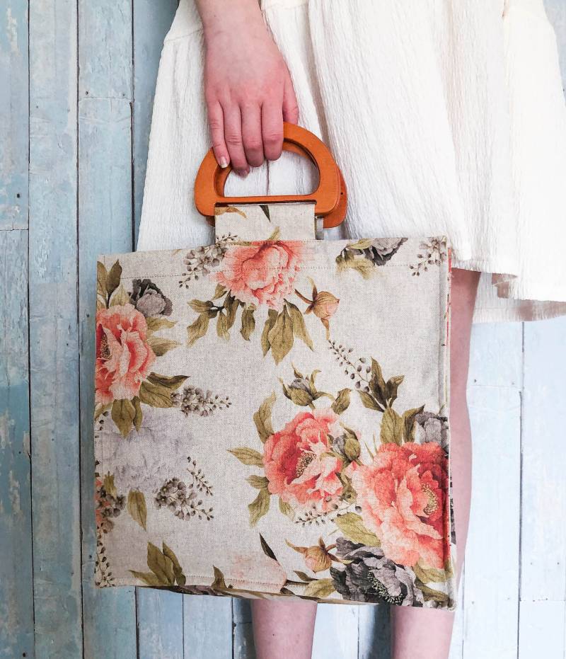Orange Pfingstrosen Druck Markt Tasche. Handgemachte Einkaufstasche. Floral Sommer-Tasche. Holzgriffe Tasche Zum Einkaufen. Geschenk Für Mama von Dillhandmade