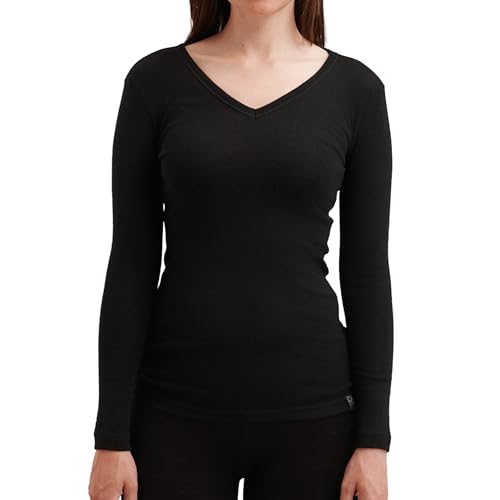 Dilling Damen Langarmshirt mit V-Ausschnitt aus 100% Bio Merinowolle Schwarz 36 von Dilling