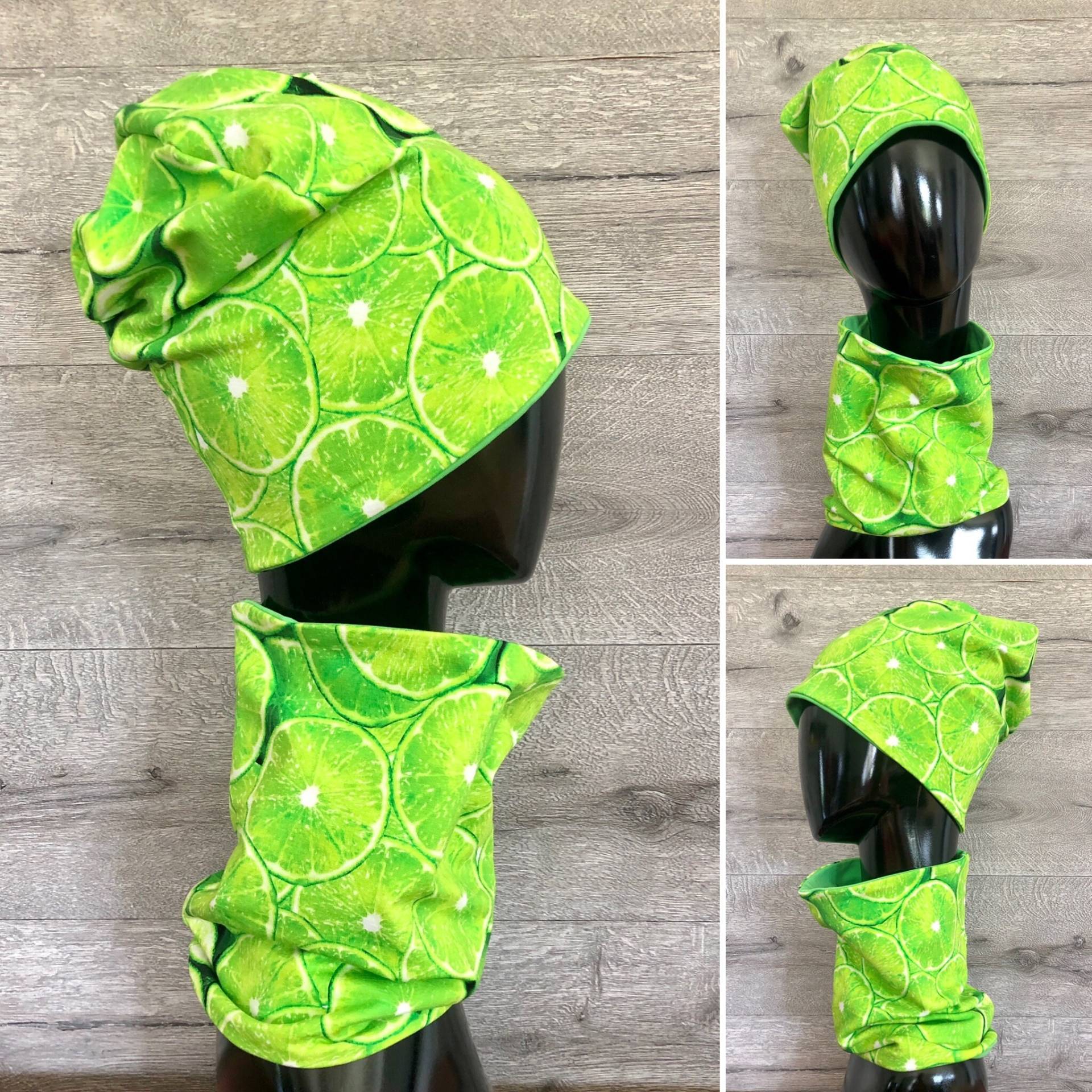 Grüne Kinder Beanie Und Loop. Jersey Mütze Nackenwärmer Mit Zitronen Print Muster von Dillsewingstudio