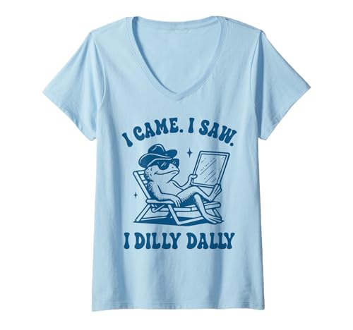 Damen I Came I Saw I Dilly Dally T-Shirt mit V-Ausschnitt von Dilly Dally Frosch Aufschieberitis Lustig Meme