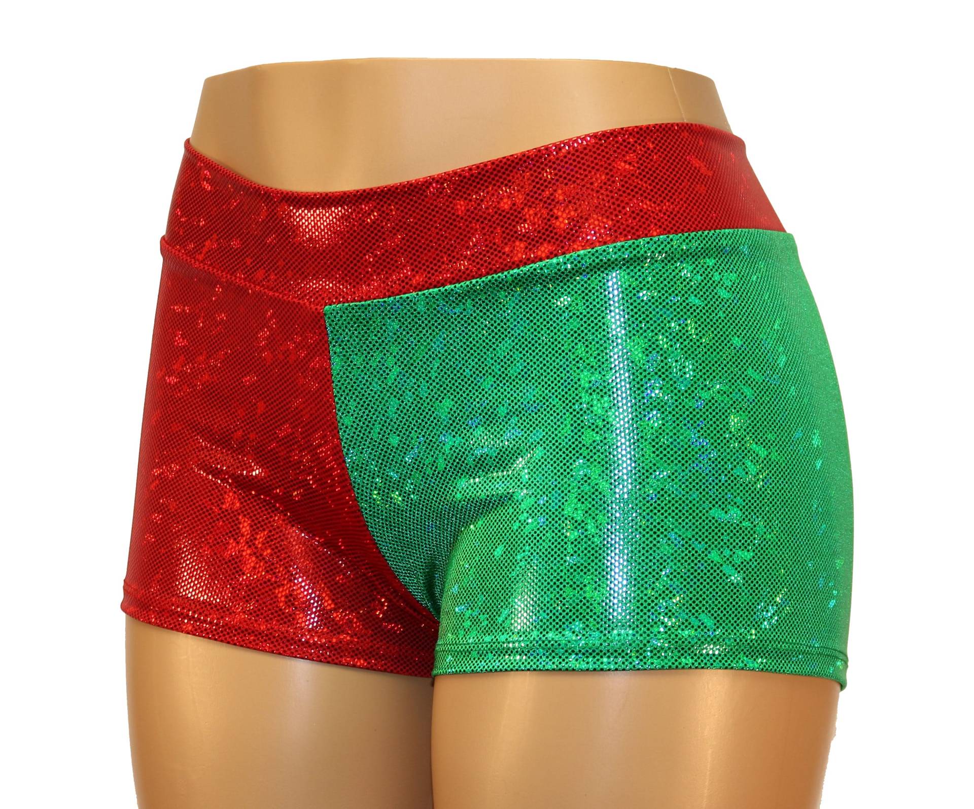 Rot Und Grün Funkelnd Hologramm Mid Rise Booty Shorts - Jugend, Erwachsene Übergrößen Ideal Für Weihnachtsoutfits, Cosplay, Festivals von DillyDuds
