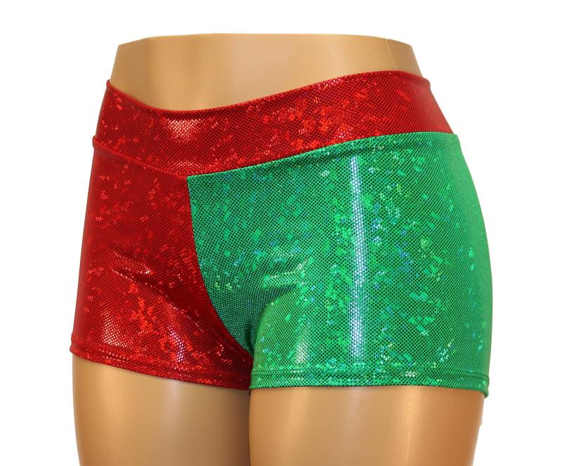 Rot Und Grün Funkelnd Hologramm Mid Rise Booty Shorts - Jugend, Erwachsene Übergrößen Ideal Für Weihnachtsoutfits, Cosplay, Festivals von DillyDuds