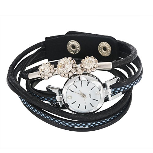 Damen Armbanduhr, Klassische Quarz Armband Uhr Rhinestone Runde Vorwahlknopf mit PU Bügel (Schwarz) von Dilwe