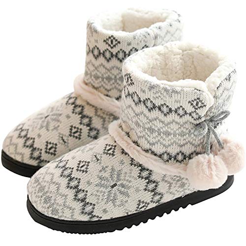 DimaiGlobal Damen Herren Hausschuhe Stricken Hüttenschuhe rutschfeste Wolle Hausstiefel Pantoffeln Plüsch gefüttert Warme Hüttenstiefel Winter Drinnen Draußen 37/38EU Grau von DimaiGlobal