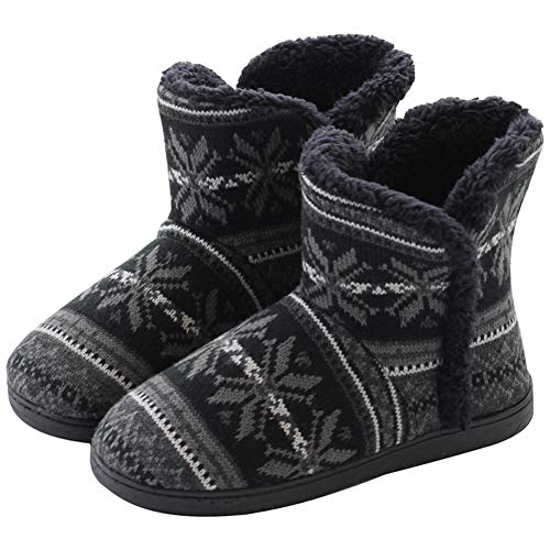 DimaiGlobal Damen Herren Hausschuhe Stricken Hüttenschuhe rutschfeste Wolle Hausstiefel Pantoffeln Plüsch gefüttert Warme Hüttenstiefel Winter Drinnen Draußen 41/42EU Schwarz2 von DimaiGlobal