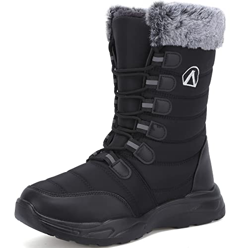 DimaiGlobal Damen Herren Winter Schneestiefel Outdoor Wasserdicht Anti-Rutsch Hohe Schneestiefel Damen Wanderschuhe Bequeme Flache Warme Kunstfell Gefütterte Schuhe, Schwarz , 37 EU von DimaiGlobal