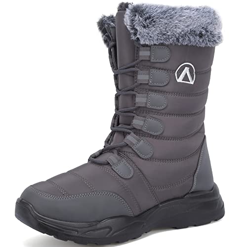 DimaiGlobal Damen Herren Winter Schneestiefel Outdoor Wasserdicht Anti-Rutsch Hohe Schneestiefel Damen Wanderschuhe Bequeme Flache Warme Kunstfell Gefütterte Schuhe, grau, 40.5 EU von DimaiGlobal