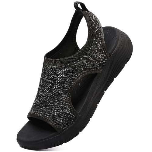 DimaiGlobal Damen Sommer waschbare Slingback Orthopädische Slide Sport Sandalen Leichte Strick Sandalen Mesh Weiche Sohle Freizeit Damenschuhe 38EU Schwarz/Grau von DimaiGlobal