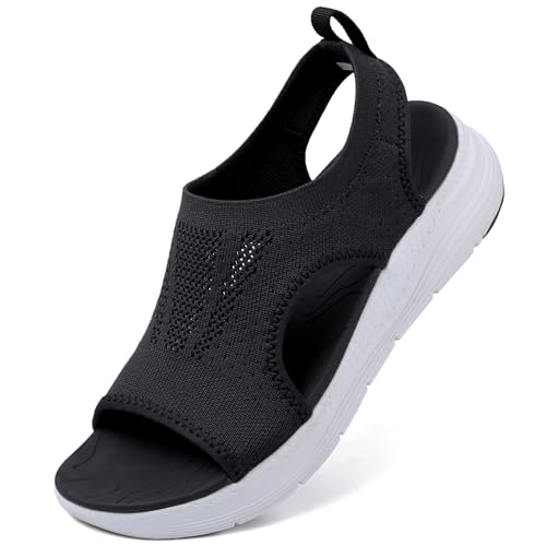 DimaiGlobal Damen Sommer waschbare Slingback Orthopädische Slide Sport Sandalen Leichte Strick Sandalen Mesh Weiche Sohle Freizeit Damenschuhe 42EU Schwarz/Weiß von DimaiGlobal