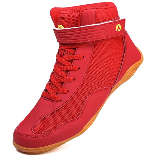 DimaiGlobal Herren Wrestling Schuh Fitness Sneaker Boxschuhe Zero Drop Sohle High Top Kampfschuhe Taekwondo Karate Kampfsport Trainingsschuhe, Rot/Ausflug, einfarbig (Getaway Solids), 44 EU von DimaiGlobal