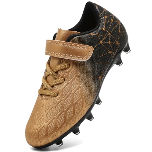DimaiGlobal Kinder Fußballschuhe Jungen Mädchen Hallen Fußballschuhe Kunstrasen Kickschuhe Futsal Schuhe Fussballschuhe Indoor Outdoor Athletics Professionelle Trainingsschuhe 29EU Gold von DimaiGlobal