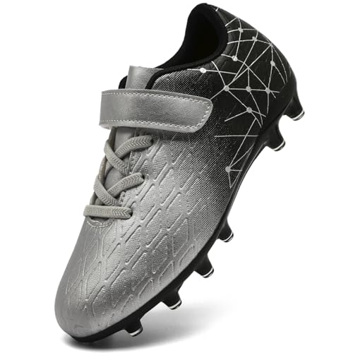 DimaiGlobal Kinder Fußballschuhe Jungen Mädchen Hallen Fußballschuhe Kunstrasen Kickschuhe Futsal Schuhe Fussballschuhe Indoor Outdoor Athletics Professionelle Trainingsschuhe 32EU Silber von DimaiGlobal