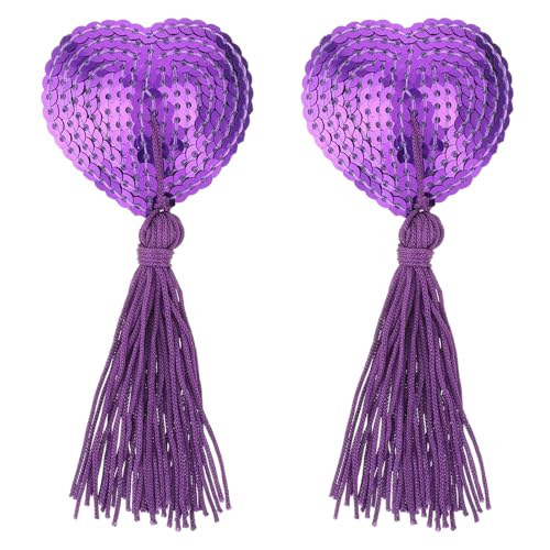 Dimeho Brustwarzen Abdeckungen Pailletten Pasties mit Quasten Nippelabdeckung Damen Nipple Cover Herz Rave Party Nippelpads Wiederverwendbar Klebrige Nippel Abdeckungen, Lila von Dimeho