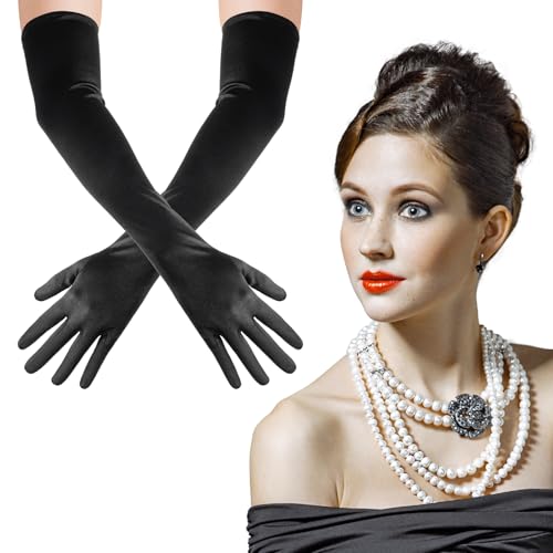 Dimeho Lange Handschuhe Damen, Braut Gloves Elastische Ellenbogen Handschuhe Satin Fingerhandschuhe Elegant Abendhandschuhe Tanzhandschuhe für Oper Hochzeit Halloween Party Rollenspielpartys Kostümpar von Dimeho