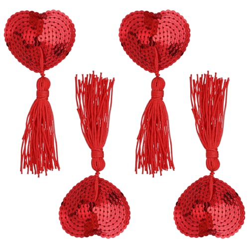 Dimeho Nippelpasten Nippel Cover mit Quasten Pailletten Pasties Nippelpads Herzförmig Nippelpad Rave Valentinstag Klebrige Nippel Aufkleber Brustwarzenabdeckung Dessous Brust Blütenblatt Pasty, Rot von Dimeho