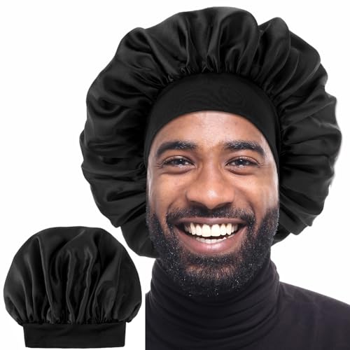 Dimeho Schlafmütze aus Satin für Herren Seidenhaube Silk Bonnet Haarhaube Mütze (DE/NL/SE/PL, Alphanumerisch, Einheitsgröße, L, Schwarz) von Dimeho