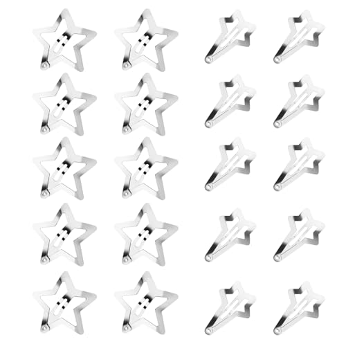 Dimeho Stern Haarspangen, 20 Stück Silber Y2K Haarschmuck, 2 Arten 3cm Metall-Stern-Haarspangen mit Schnappverschluss, Rutschfeste Süße Stern-Kopfbedeckungen für Frauen Styling Festival-Geschenke von Dimeho