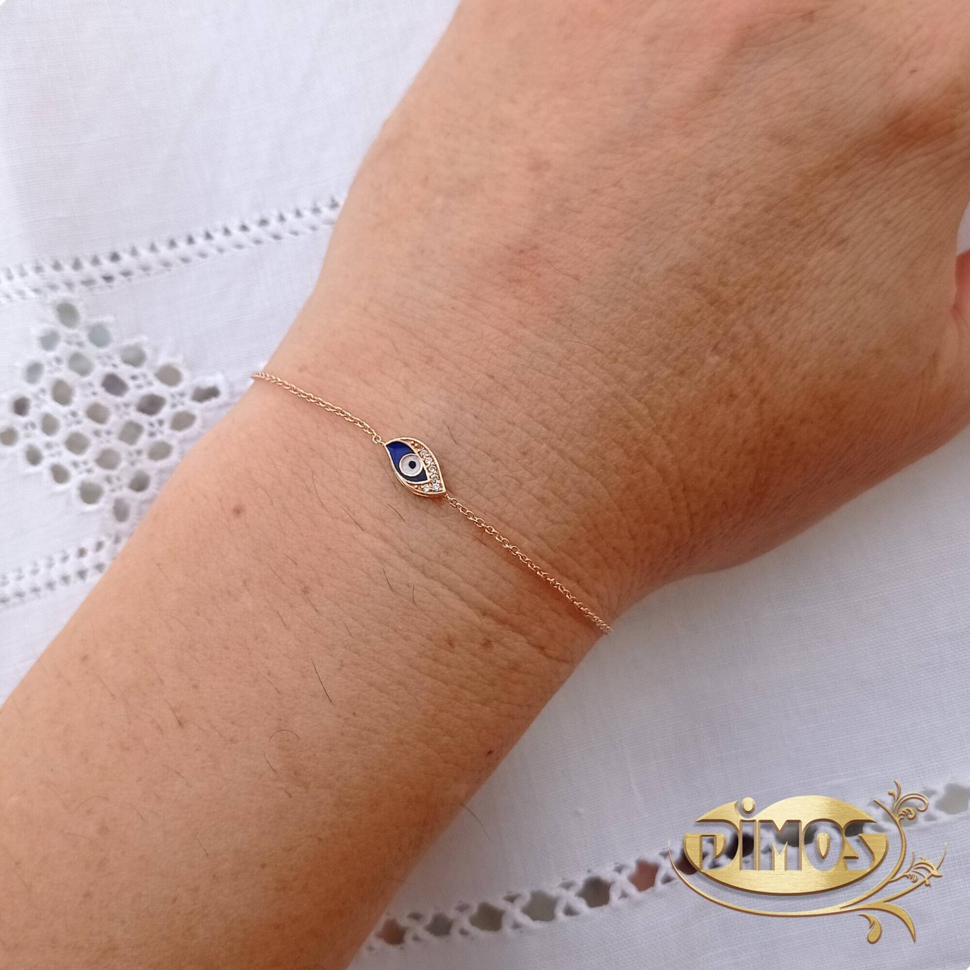 18K Gold Doppelseitig Emailliert Evil Eye. Blau & Weiß Diamanten Schmuck. Geburtstagsgeschenk von DimosJewellery