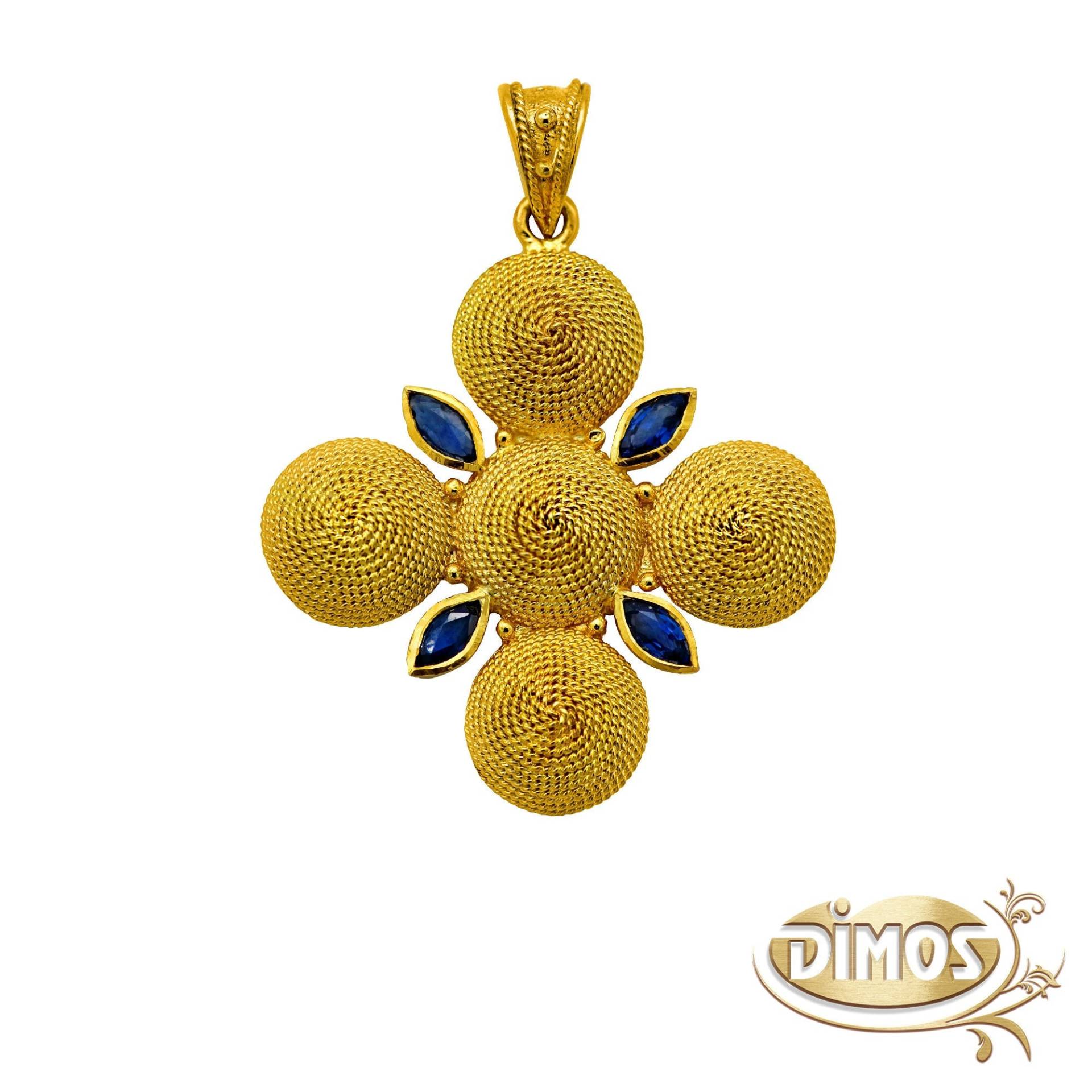 18K Goldfiligranes Kreuz Mit Marquise Saphiren. Goldschmuck. Geburtstagsgeschenk von DimosJewellery