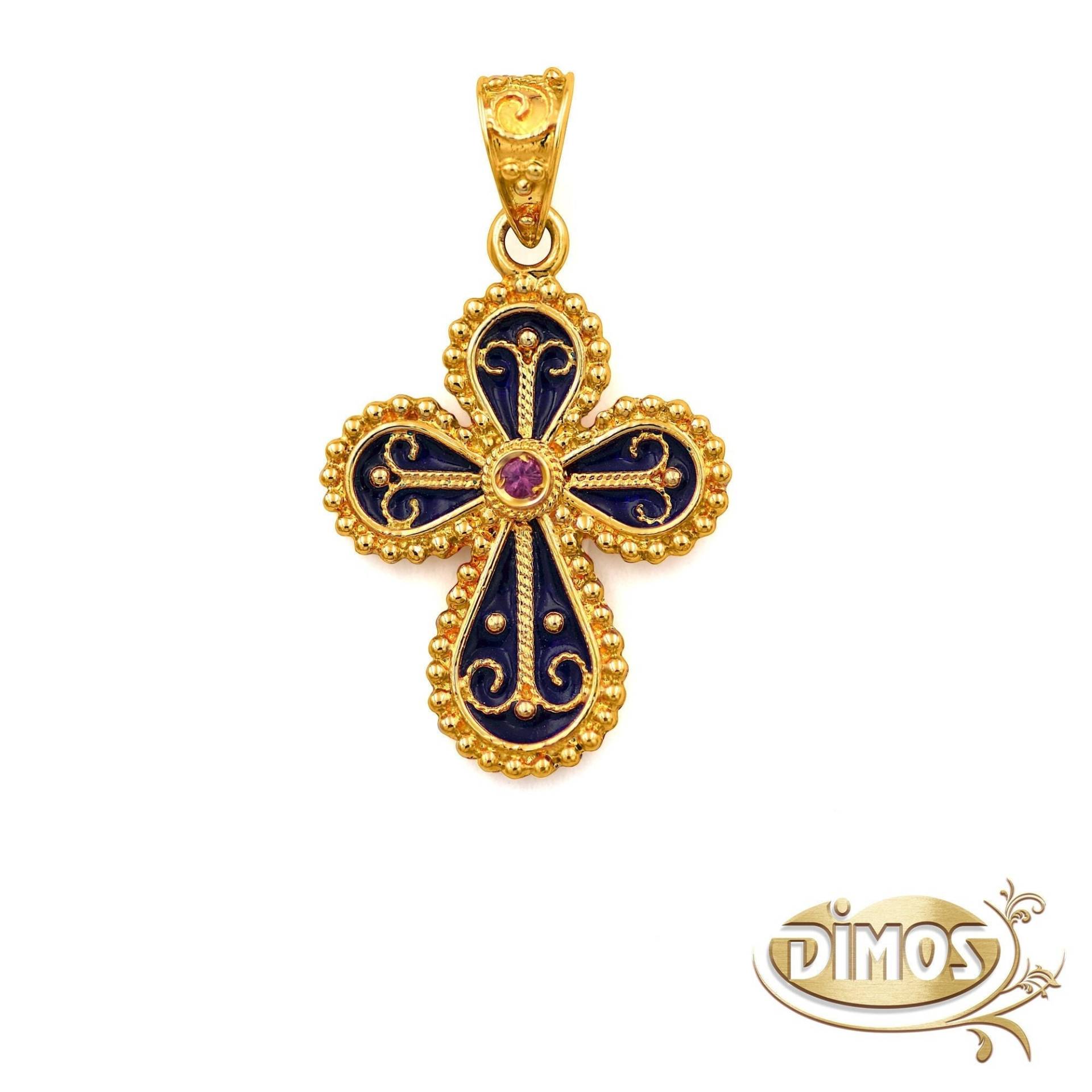 18K Gold Filigree Byzantinerkreuz Mit Rubin. Goldschmuck. Taufkreuz von DimosJewellery