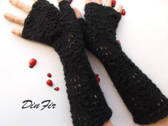 Frauen M Handschuhe Bereit Lange Accessoires Fingerlose Arm Warme Pulswärmer Handgestrickt Winter Mit Zopfmuster Schwarze Wolle Mohair 134 von DinFir