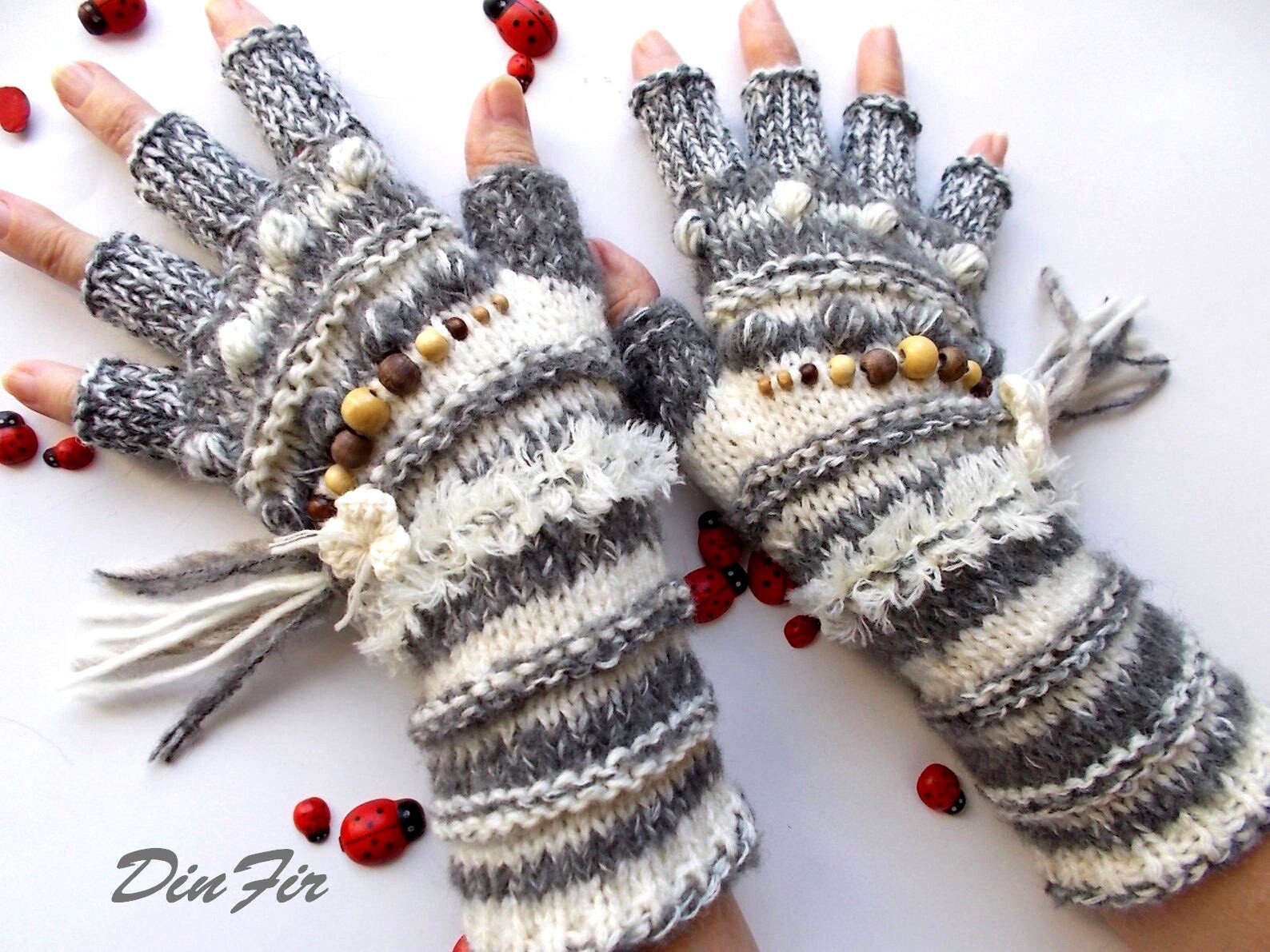 Frauen M Handschuhe Versandfertig Halbe Finger Wolle Mohair Accessoires Arm Warme Pulswärmer Winter Geschenk Handgestrickte Streifen Grau 177 von DinFir