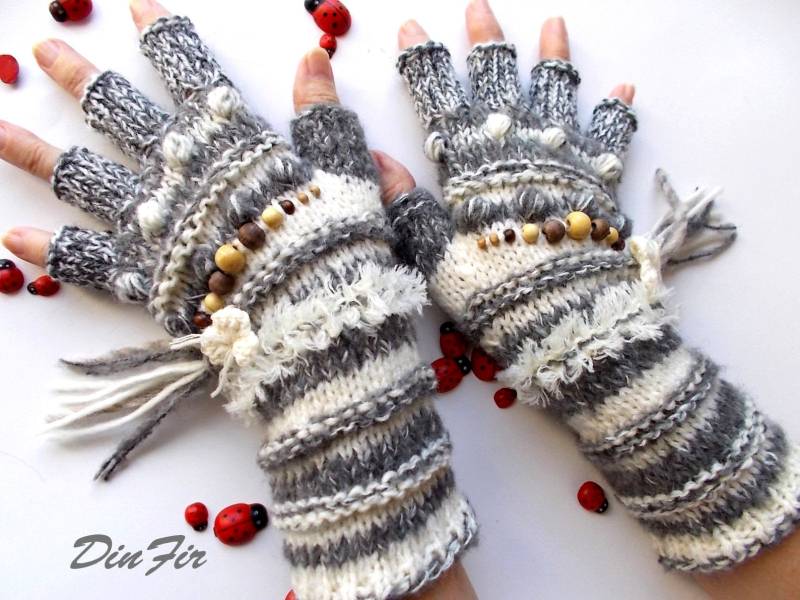 Frauen M Handschuhe Versandfertig Halbe Finger Wolle Mohair Accessoires Arm Warme Pulswärmer Winter Geschenk Handgestrickte Streifen Grau 177 von DinFir