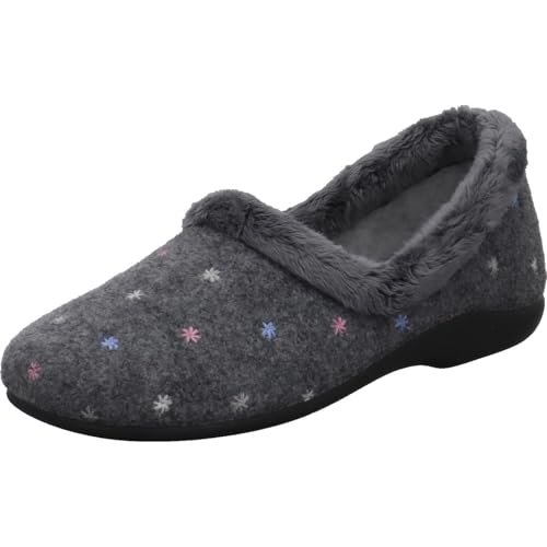 Dinamic Hausschuh für Damen aus Textil Filz in Grau mit Flauschiger Kante und Stickerei. grau Gr. 42 von Dinamic