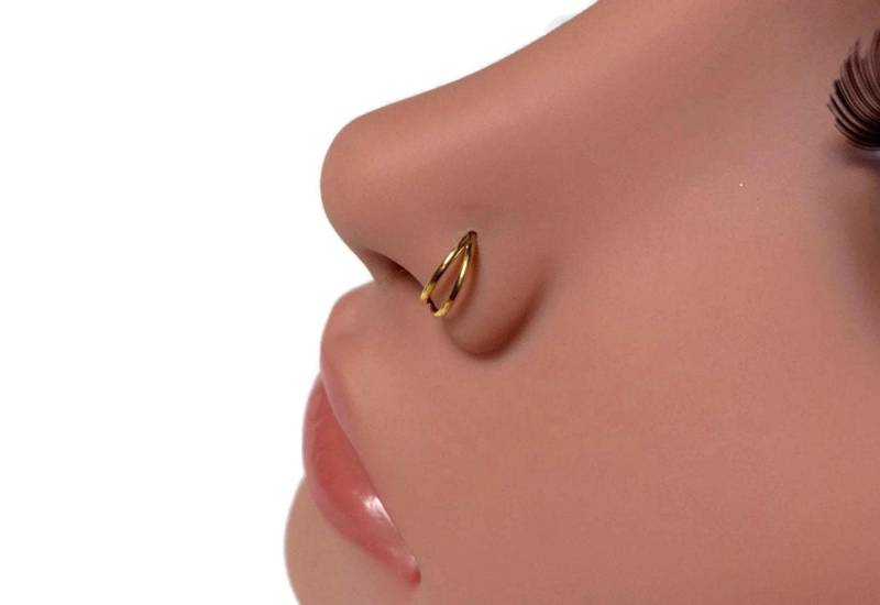 Solide 14 Karat Gold Gelb Doppel Layered Nasen Hoop ~ Piercing Daith Rook Helix Nostril Solide 14 Karat Gold Gelb Doppel Layered Nasen Hoop ~ Piercing Daith Rook Helix Nostril von DinanRings