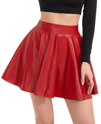 DingCo Damen Kunstleder Schwarz Mini Rock Klassische Hohe Taille Rock Faltenrock PU Schwarz Lederrock, Roter, elastischer Reißverschluss, Mittel von DingCo