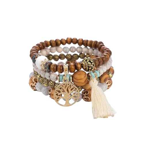 Dinghaole Boho Holzperlen Armband, 4 Stück Armbänder Holzperlen Quaste Armband, Natürliches Kristall heilsteine armband, Frauen Baum des Lebens Charm Statement Armreifen von dinghaole