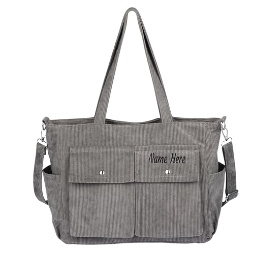 Dinikally Personalisierte Cord-Umhängetasche, Schultertasche mit Gesticktem Namen (Grau) von Dinikally