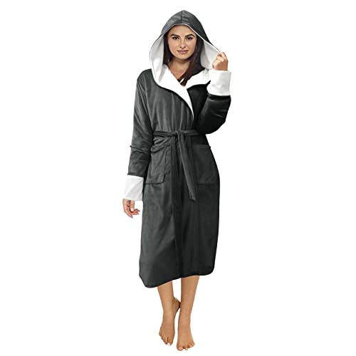 Dinnesis Damen Wintermantel Bademantel verlängerter Schal Bademantel Hauskleidung langärmelige Robe warme feste Mäntel Max Damen (Dark Gray, XXL) von Dinnesis