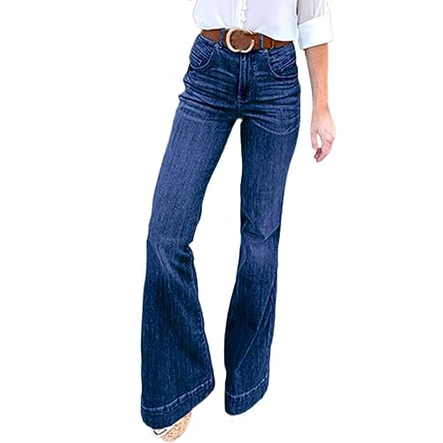 Dinnesis Stretch Hose Damen Schlag Denimhose mit Taschen Weite Bein Jeanshosen High Waist Schlagjeans große größe Reißverschluss Jeanshose Slim fit Schlaghose Jeansoptik Freizeithose von Dinnesis