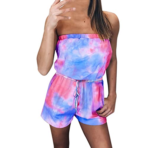 Jumpsuit Damen Kurz Einteiler-Hosen Mit Gürtel mit Taschen Bandeau Overall Sommer Trägerloser Playsuit Eleganter Romper Batik Jumpsuits Onesie Sportanzug Bunt Strandanzug von Dinnesis