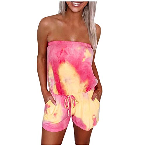 Jumpsuit Damen Kurz Einteiler-Hosen Mit Gürtel mit Taschen Bandeau Overall Sommer Trägerloser Playsuit Eleganter Romper Batik Jumpsuits Onesie Sportanzug Bunt Strandanzug von Dinnesis