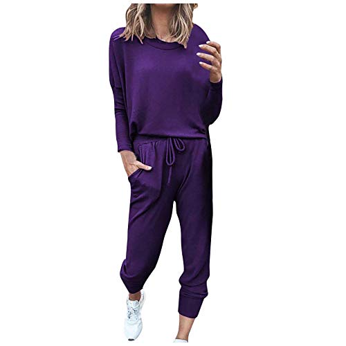 Schlafanzug Damen - Schlafanzüge Und Pyjamas Lila Hausanzug Große Größen Nachtwäsche Baumwolle Loungewear Langarm Nightwear Herbst Winter Nachthemden Mit Bündchen Pyjama Lässig Set Freizeitanzug S-3Xl von Dinnesis