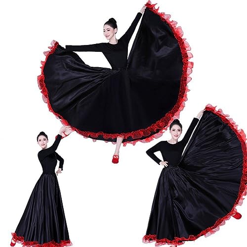 Damen Bauchtanzrock mit Rüschen Flamenco-Rock spanischer mexikanischer Maxi-Swing-Tanzrock Ballsaal-Übungsrock von Dinntty