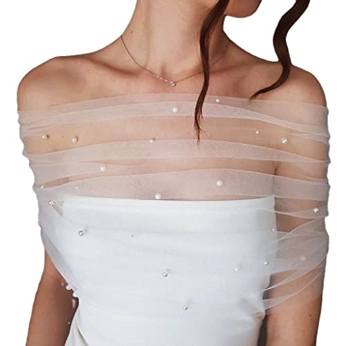 Dinntty Damen-Hochzeitstola mit Spitze, transparenter Tüll, plissiert, schulterfrei, Stola für Abend, Abschlussball, Partykleid von Dinntty