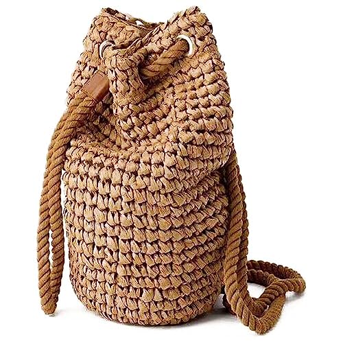 Dinntty Damen-Strohrucksack mit Kordelzug, Reise-Schultasche, gewebte Strandtasche, handgefertigte Tragetasche, Rucksack-Geldbörse für den Urlaub von Dinntty