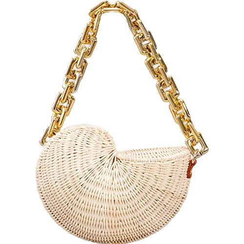 Dinntty Damen-Umhängetasche, Rattan-Muscheltasche, Korbgeflecht, Handtasche, Sommer-Strand-Strohtasche, Umhängetasche, Reise-Freizeittasche von Dinntty