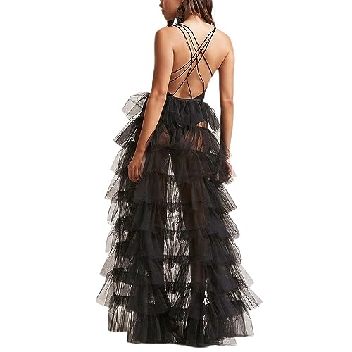 Frauen Tüllrock Schwarz Langer Rock Mesh Unregelmäßiger Faltenrock Unregelmäßiger bodenlanger Partyrock für Hochzeit Cocktailparty von Dinntty