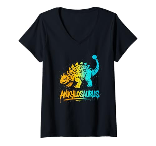 Damen Ankylosaurus Graffiti Dinosaurier T-Shirt mit V-Ausschnitt Damen Ankylosaurus Graffiti Dinosaurier T-Shirt mit V-Ausschnitt von Dino Armor