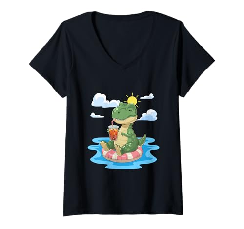 Damen Dinosaur Chill T-Rex Bubble Tea Vacation Fancy Pool T-Shirt mit V-Ausschnitt Damen Dinosaur Chill T-Rex Bubble Tea Vacation Fancy Pool T-Shirt mit V-Ausschnitt von Dino Chill Finding Refreshment On A Sunny Day